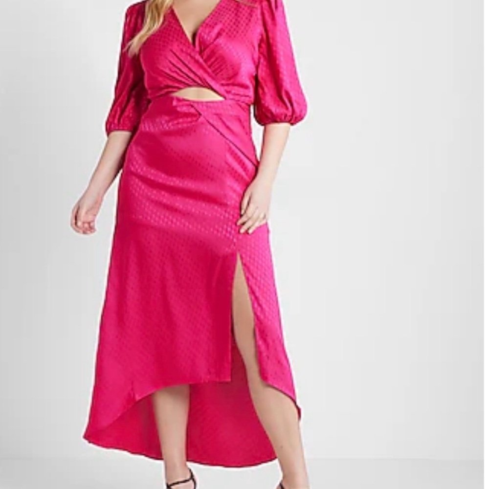Express Fuchsia High-Low Satin Midi Dress with Puff Sleeves